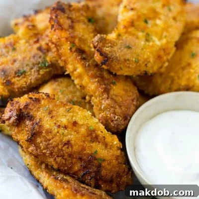 Crispy baked chicken fingers on a plate with ranch dip.