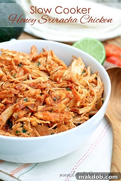Spicy and sweet Slow Cooker Honey Sriracha Chicken for an easy Thursday meal