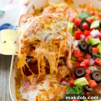 This easy recipe for chicken enchilada casserole is just 5 ingredients, all layered together and baked to perfection. A quick and simple meal that the whole family will love!