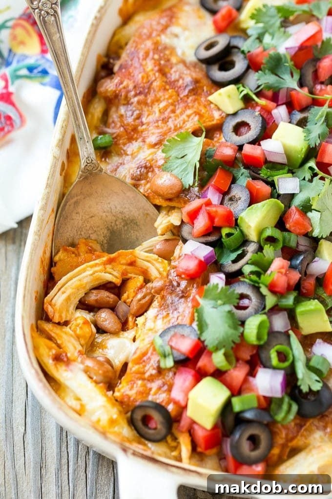 A chicken enchilada casserole with a serving spoon in it.