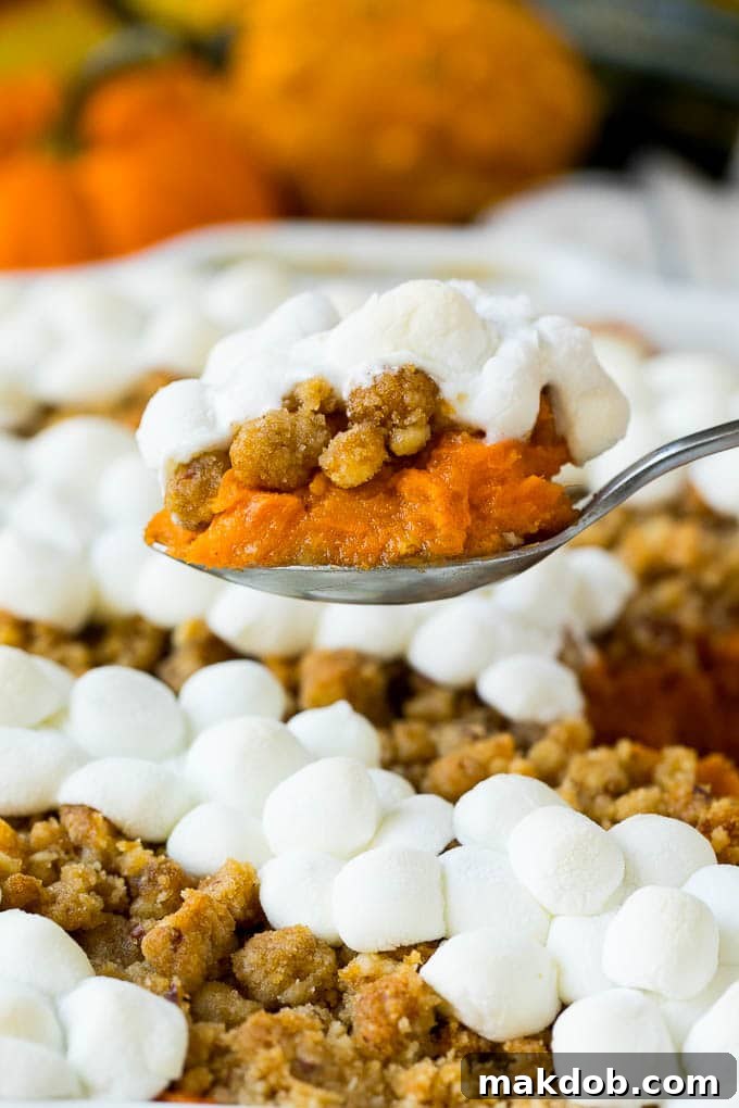 This recipe for sweet potato casserole with marshmallows is mashed spiced sweet potatoes, topped with both a pecan streusel topping and plenty of mini marshmallows. A holiday classic that's a family favorite! A close-up of a serving spoon lifting a portion of sweet potato casserole, showing the layers of creamy sweet potato, streusel, and melted marshmallows.