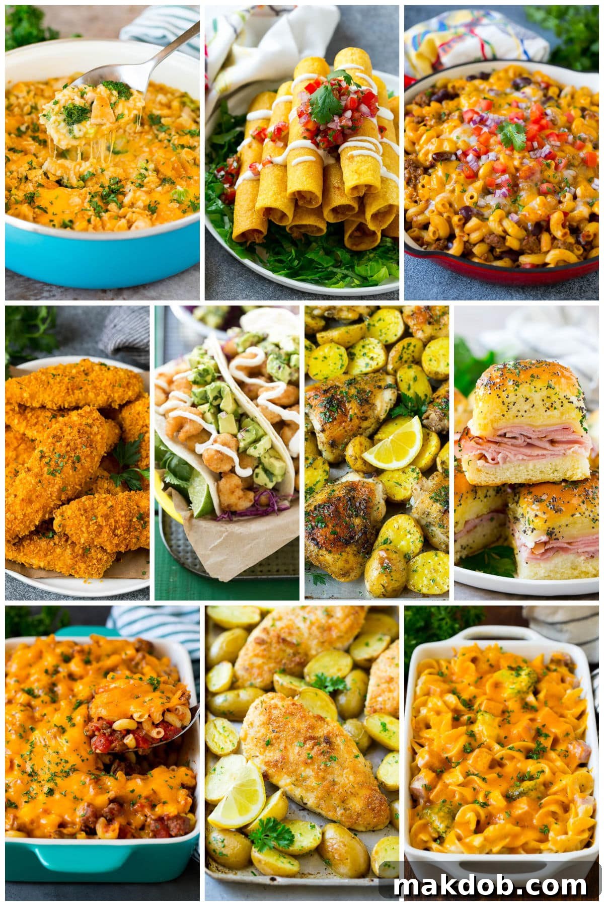 A delectable spread of family-favorite easy meals, including savory ham and cheese sliders and a comforting hamburger casserole.