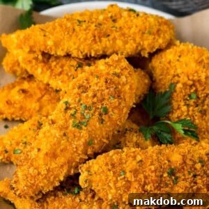 Crispy cornflake chicken tenders on a serving plate, elegantly garnished with fresh parsley.