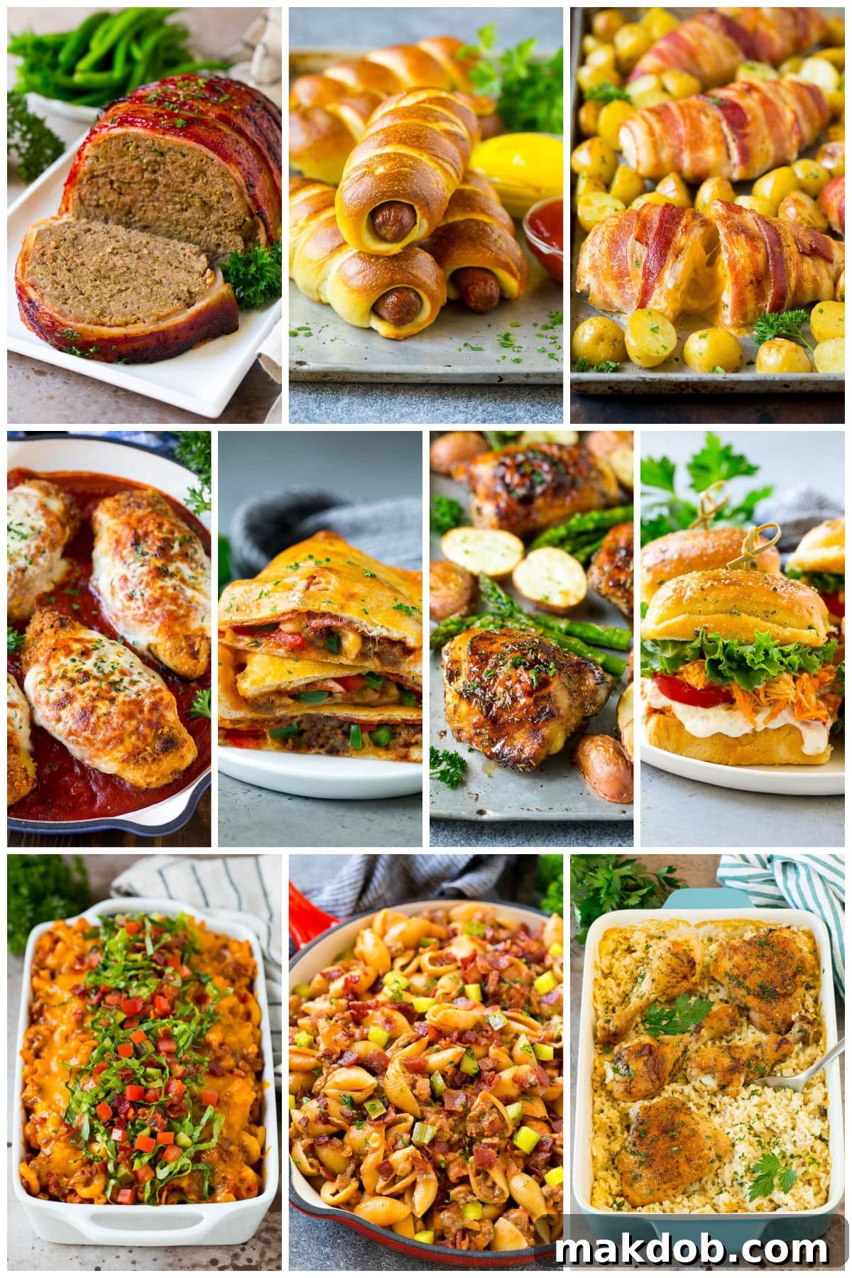 A mouth-watering collage of easy back to school recipes, including savory bacon wrapped meatloaf and creamy cheeseburger pasta, perfect for family dinners.