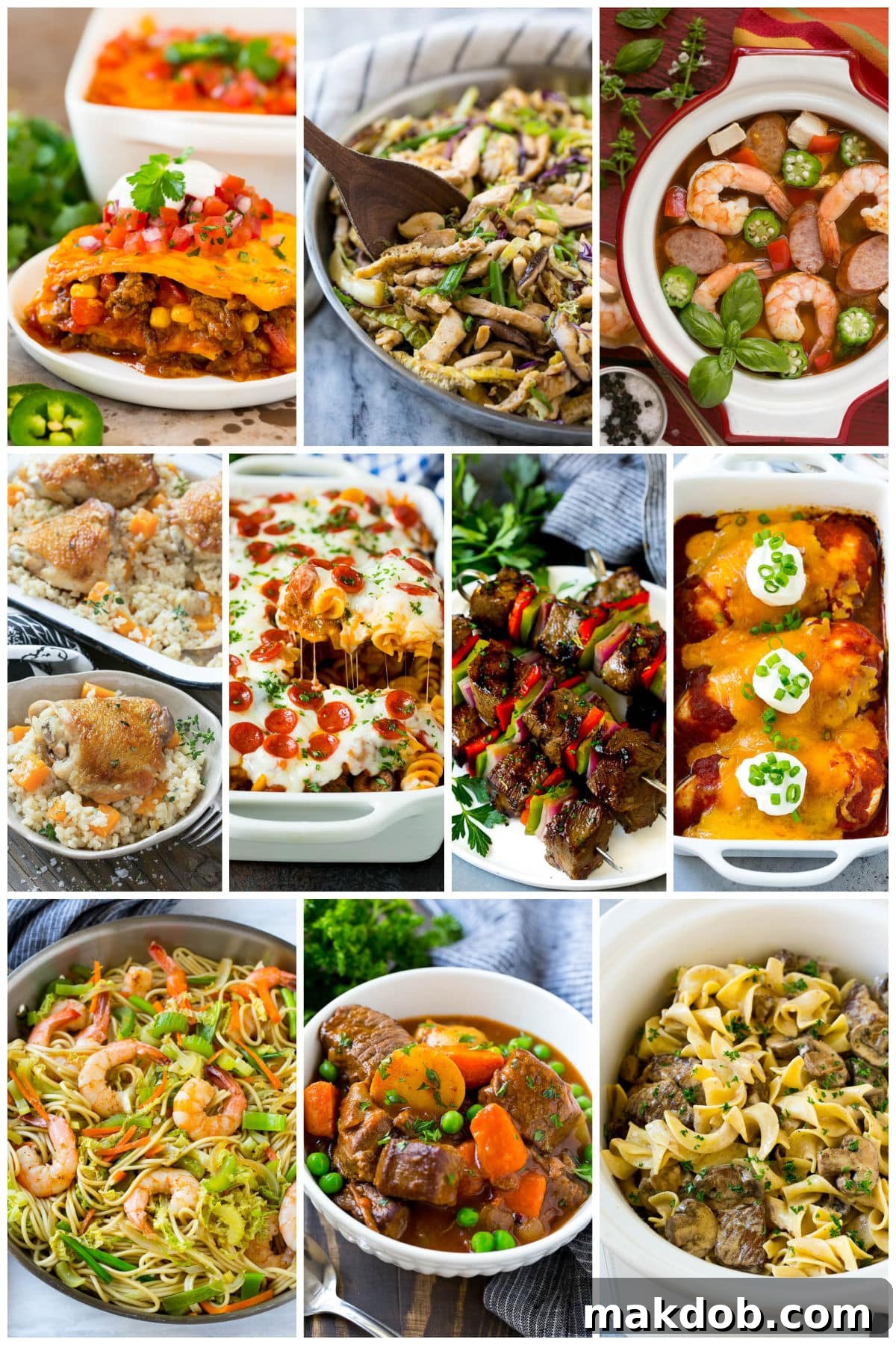 A selection of irresistible family favorite recipes including savory shrimp chow mein, hearty slow cooker beef stew, and a flavorful one-pot chicken and shrimp gumbo.