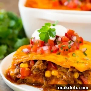 A inviting plate of Mexican casserole, layered with seasoned meat, soft tortillas, and melted cheese.