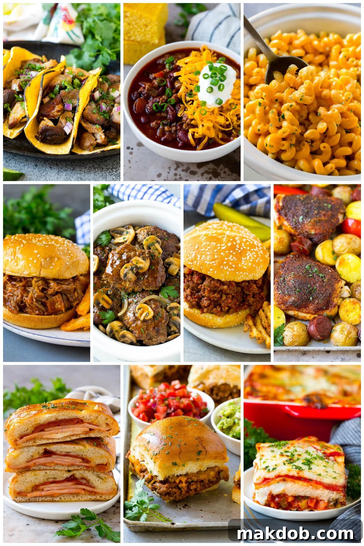 A enticing collection of easy dinner dishes including hearty slow cooker chili, flavorful Spanish chicken, and a comforting vegetable lasagna.