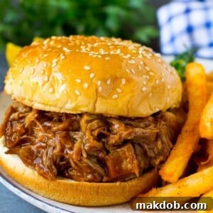 Tender slow cooker pulled pork served on a soft hamburger bun, accompanied by crispy french fries.