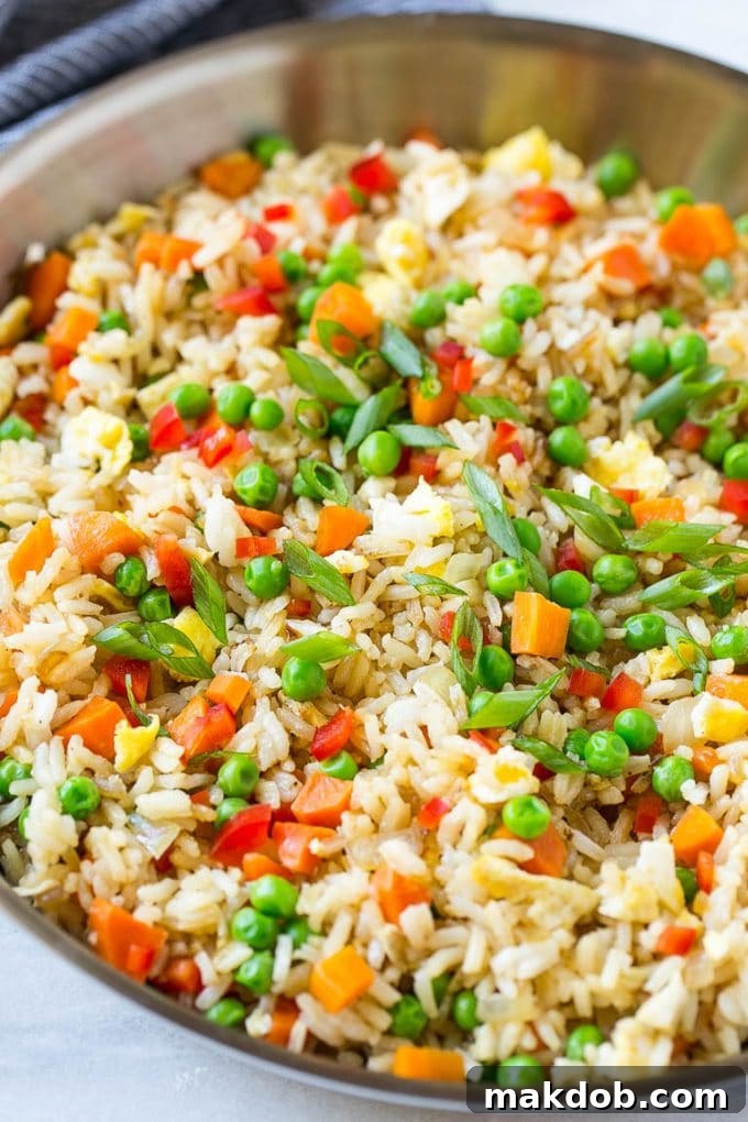 Veggie Fried Rice Recipe | Vegetarian Fried Rice | Easy Fried Rice Recipe | Chinese Food #rice #friedrice #veggie #vegetarian #sidedish #dinneratthezoo A skillet of vegetarian fried rice with eggs, peas, carrots and peppers, ready to serve.