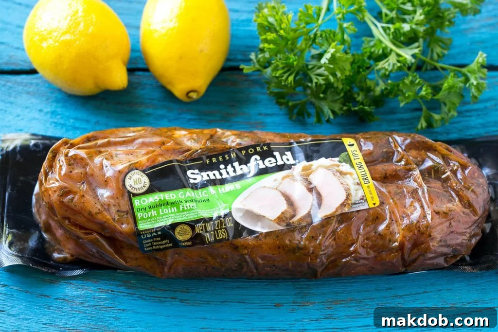 Smithfield Marinated Pork Loin for Quick and Flavorful Meals Smithfield Marinated Roasted Garlic & Herb Pork Loin Filet, ready for preparation.