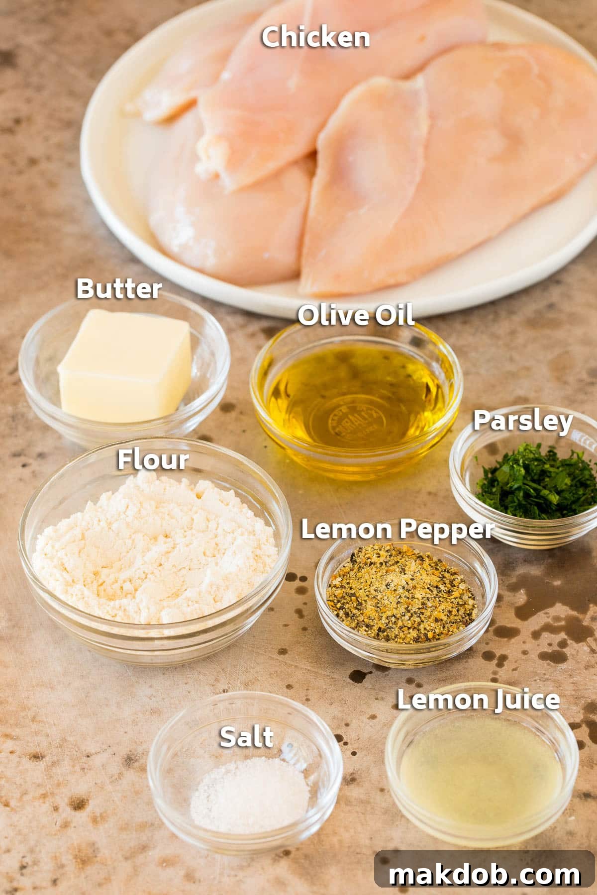 Ingredients including chicken, flour, butter and seasonings.