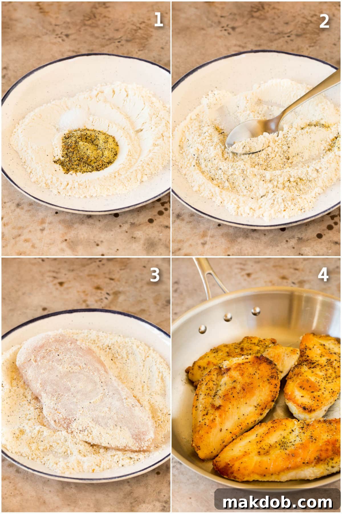 Step by step process shots showing how to make lemon pepper chicken.