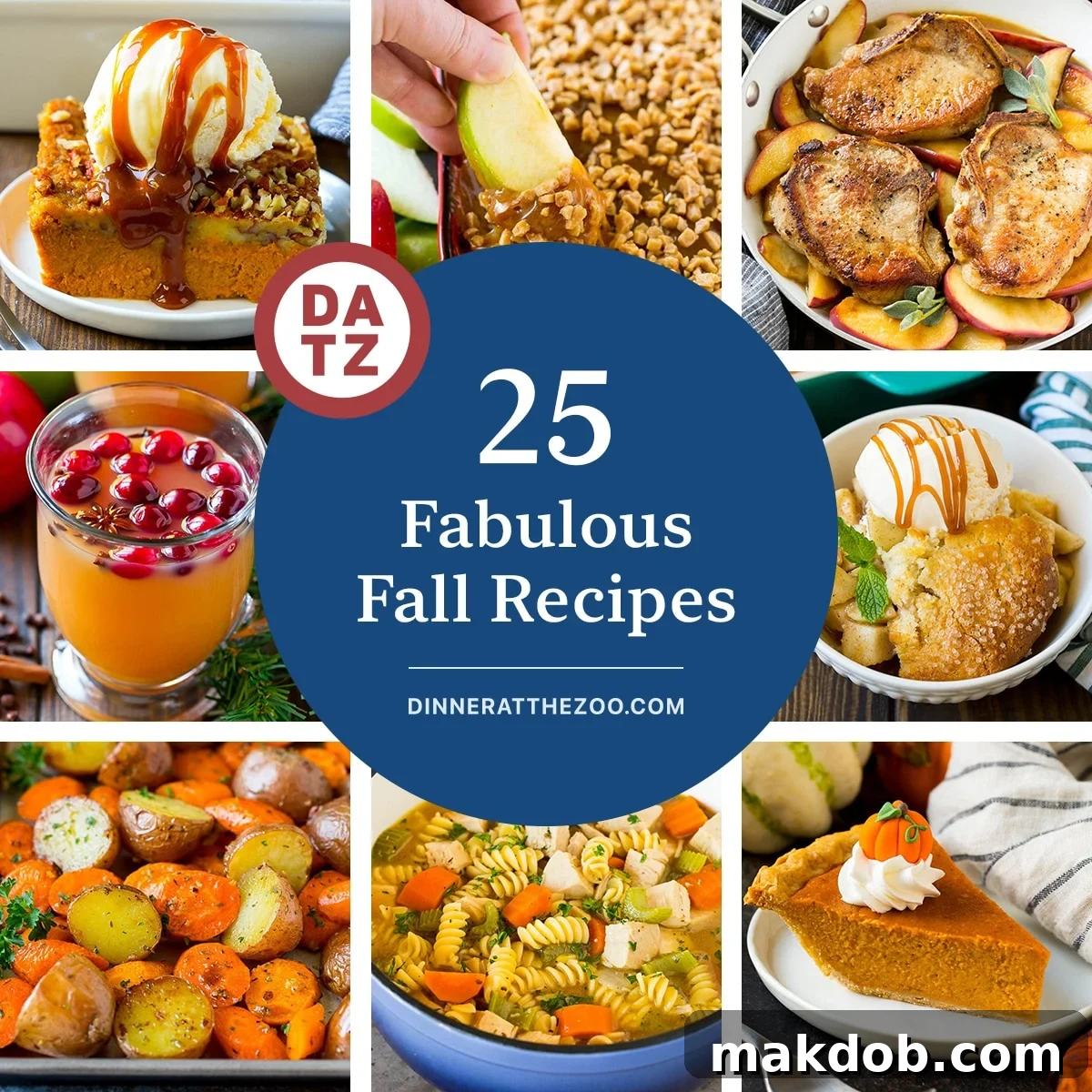 A vibrant collection of fabulous fall recipes, including caramel apple dip, homemade pumpkin pie, and apple cobbler, showcasing harvest time flavors.