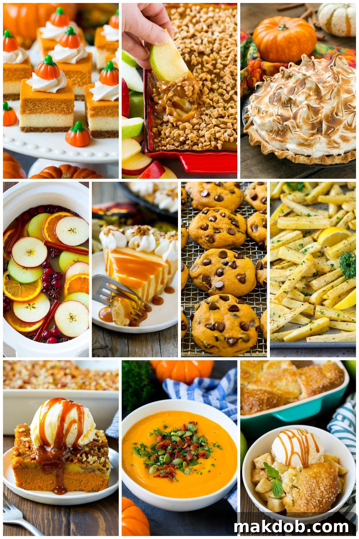 A delectable collection of harvest time foods, showcasing tempting pumpkin cheesecake bars and a rich caramel apple dip, perfect for autumn celebrations.