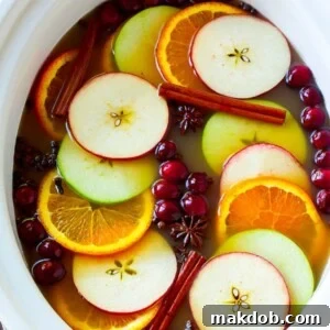 A cozy pot of slow cooker apple cider, beautifully garnished with fresh apple slices, vibrant orange segments, juicy cranberries, and aromatic cinnamon sticks and spices.