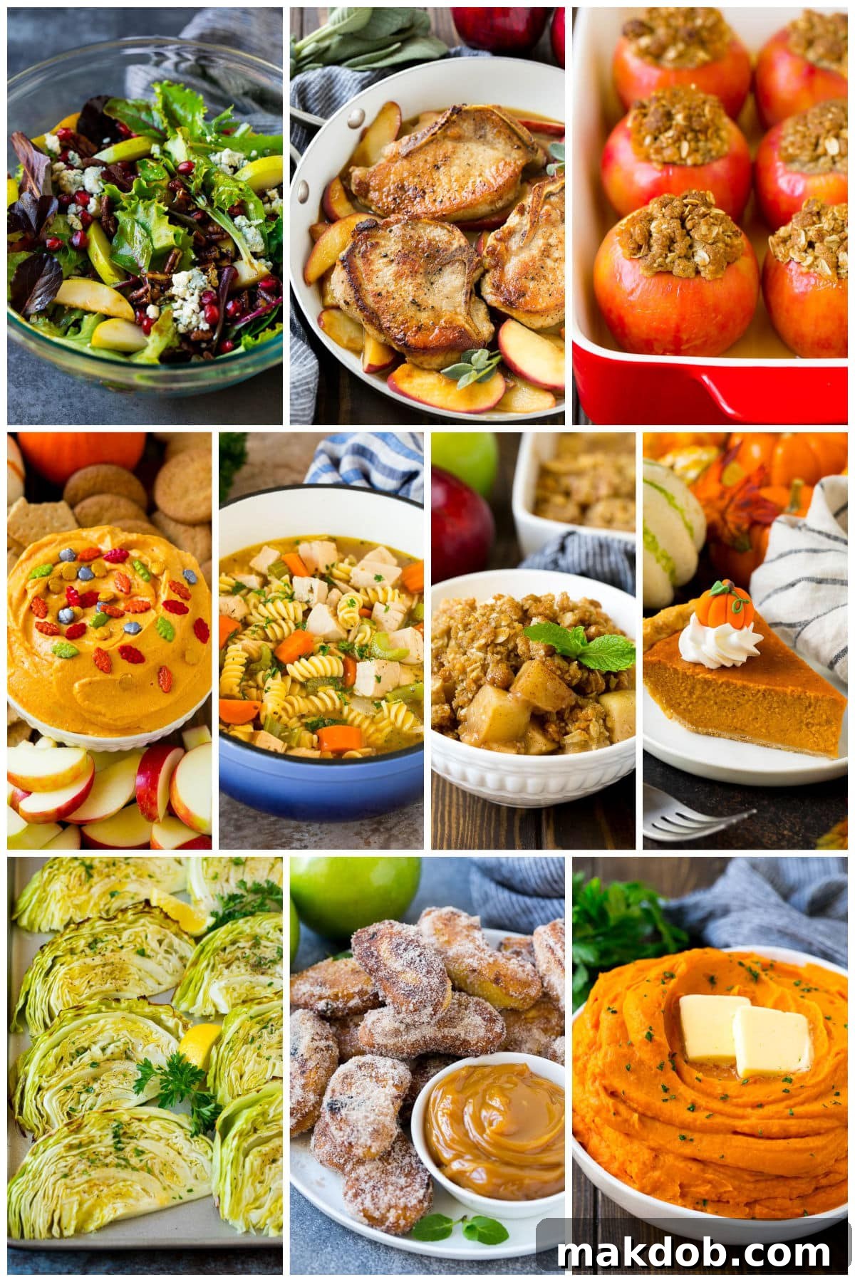 A collage of delicious fall recipes, including a fresh pear salad, comforting turkey noodle soup, and classic homemade pumpkin pie.