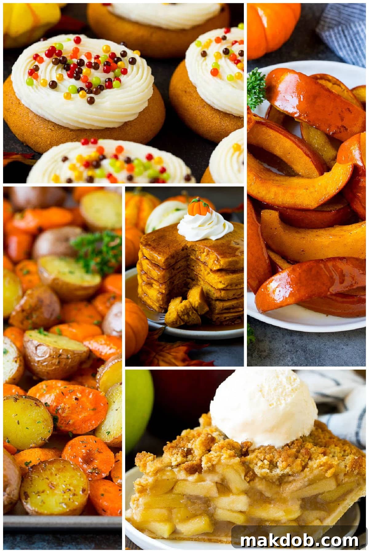 A delightful group of autumn foods, featuring fluffy pumpkin pancakes and a classic Dutch apple pie, capturing the diverse flavors of the season.