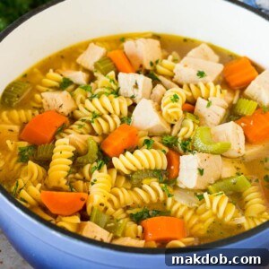 A comforting pot of homemade turkey noodle soup, brimming with tender chunks of turkey, colorful garden vegetables, and hearty pasta, all garnished with fresh parsley.