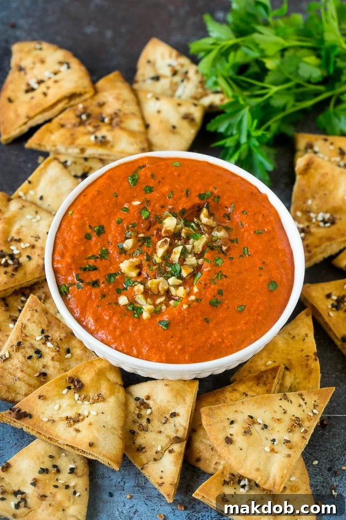 A beautifully presented bowl of homemade Muhammara dip, surrounded by an array of golden, crispy pita chips, ready for dipping and enjoying as a delightful appetizer.