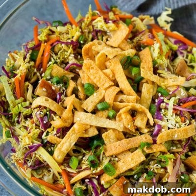 A bowl of Chinese chicken salad topped with wontons and sesame seeds.