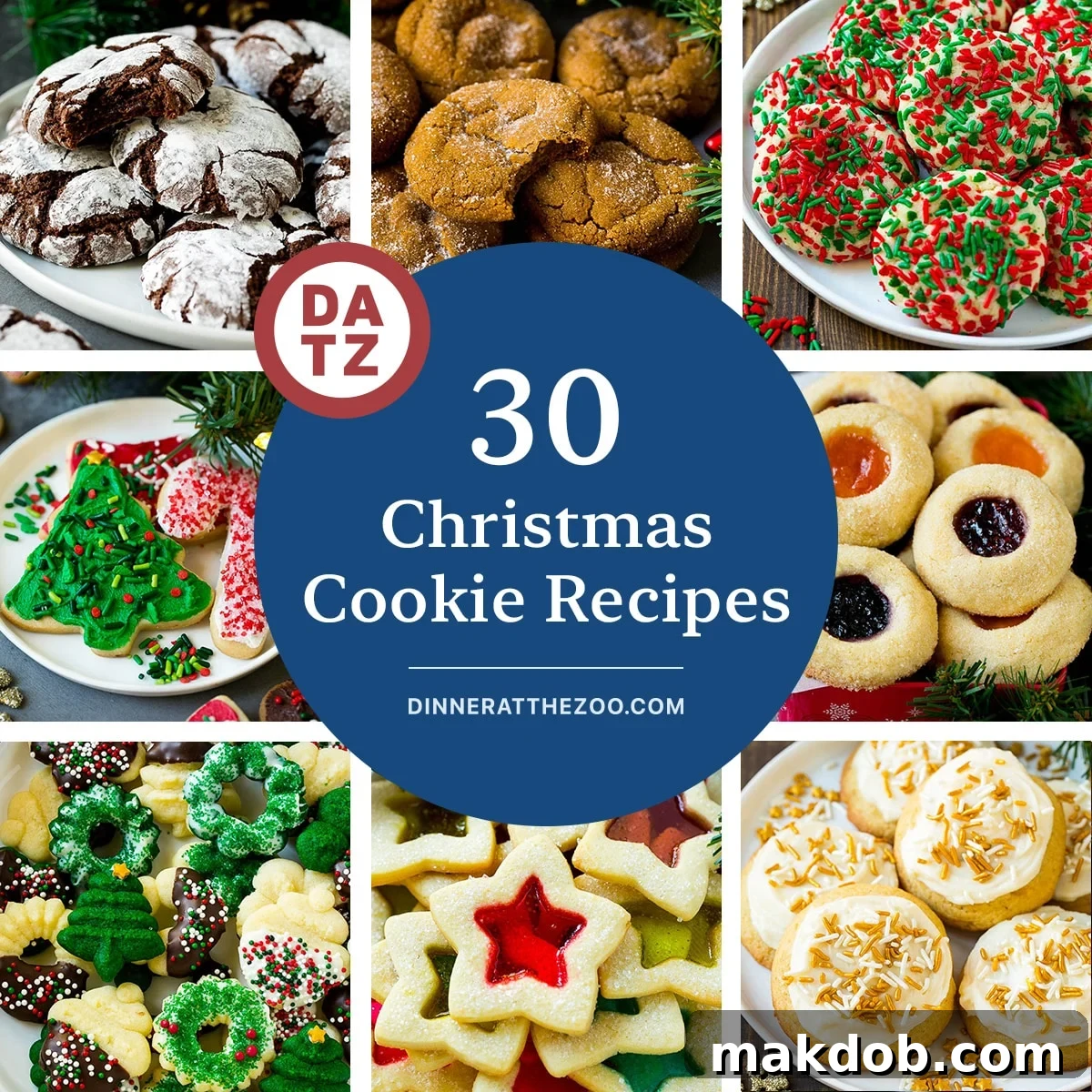 A vibrant collection of festive Christmas cookie recipes, including delicate spritz cookies, classic thumbprint cookies, and rich eggnog cookies.