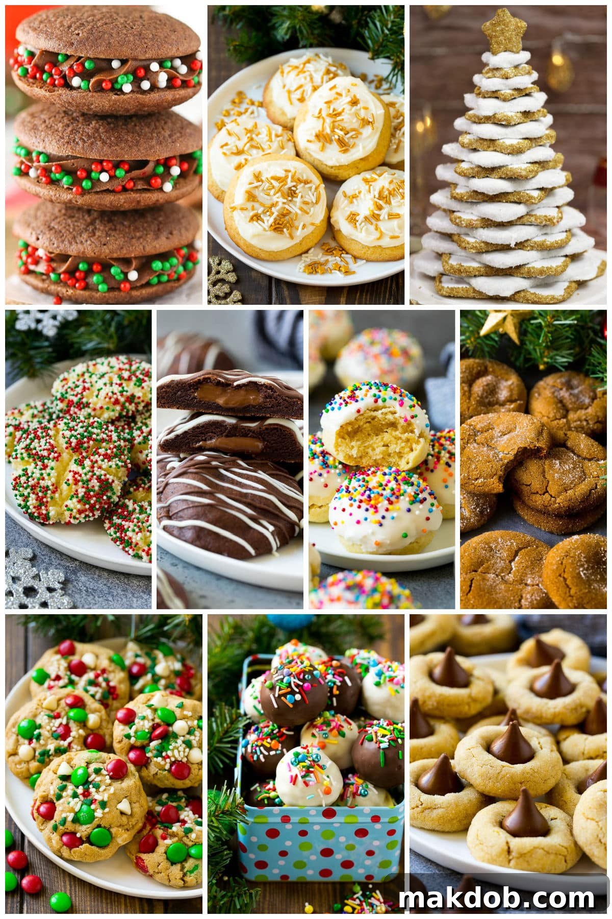 A charming group of Christmas cookie recipes, including classic peanut butter blossoms, traditional Italian cookies, and festive eggnog cookies.