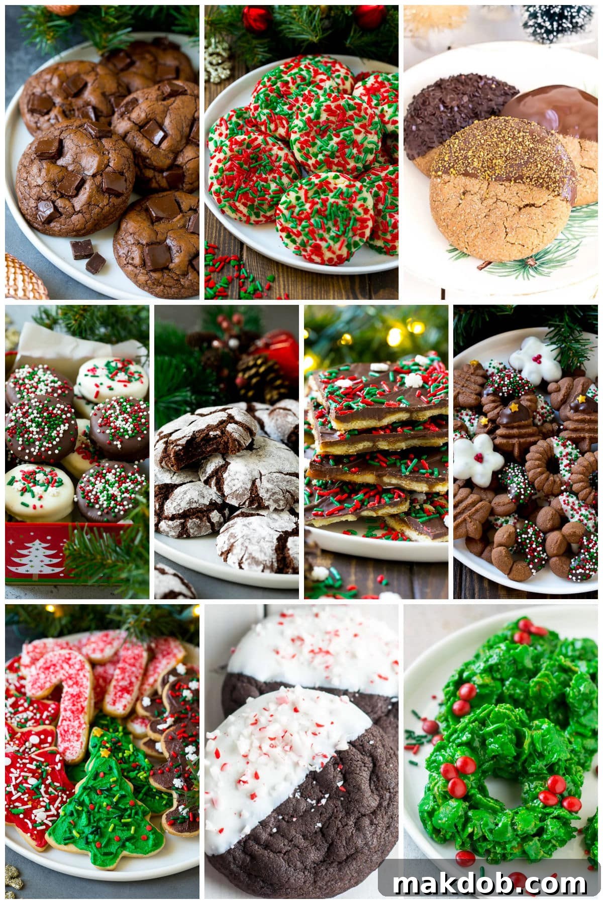A diverse selection of Christmas cookie recipes, including festive Christmas wreath cookies, elegant chocolate spritz cookies, and classic frosted sugar cookies.