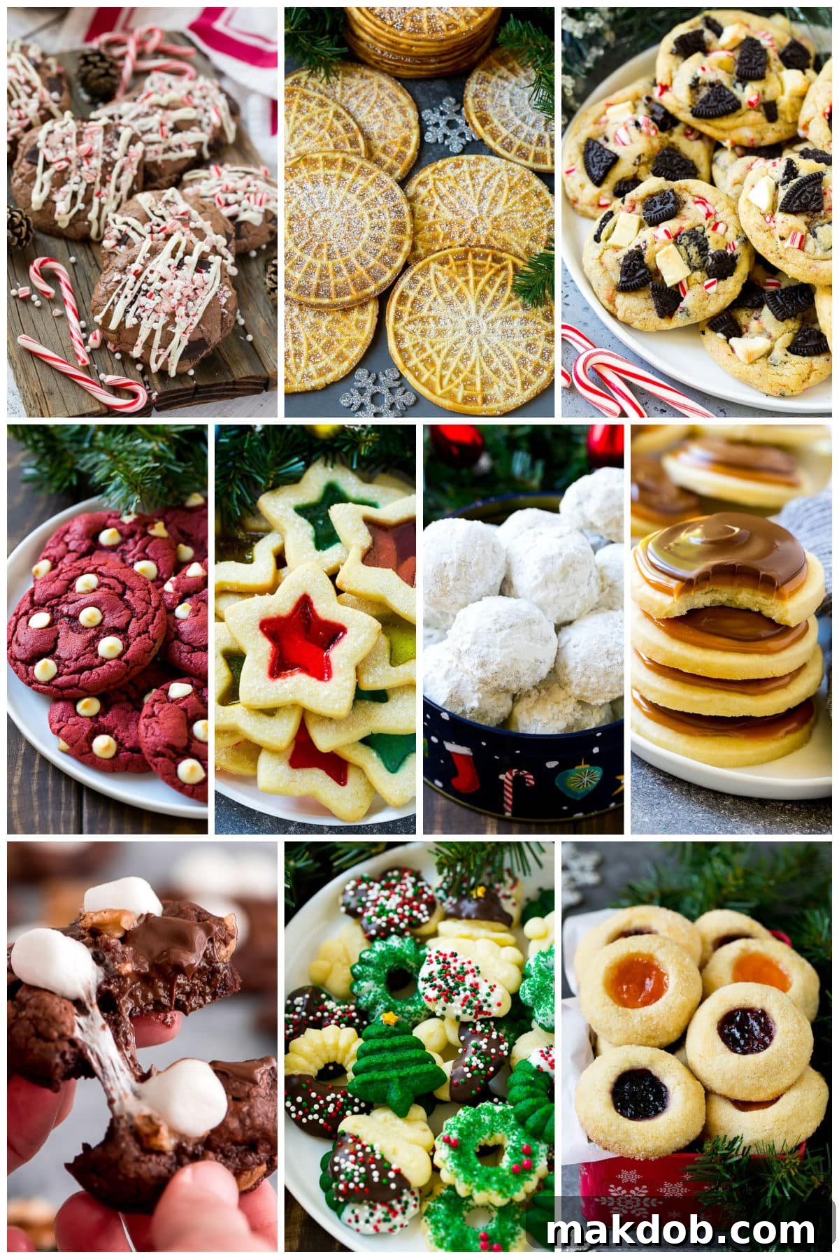 A delightful collection of images showcasing holiday treats, including snow-dusted snowball cookies, vibrant stained glass cookies, and classic thumbprint baked desserts.