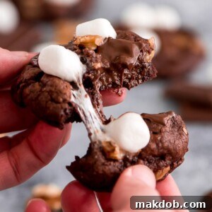 An image of a rocky road cookie being pulled apart, revealing its gooey chocolate, marshmallow, and walnut interior.