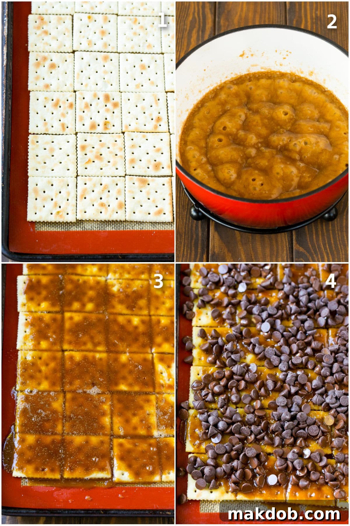 Irresistible Holiday Toffee Bark 4 A visual guide showing the progression of making Christmas crack, from laying crackers to spreading melted chocolate and adding sprinkles.
