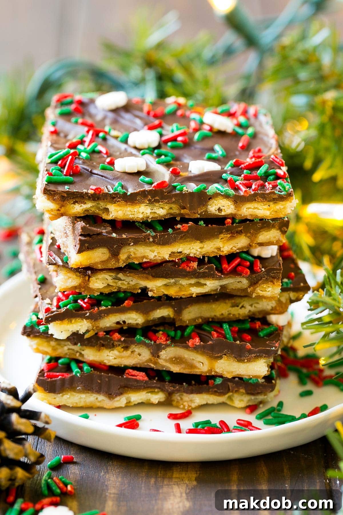 Irresistible Holiday Toffee Bark 6 A neatly stacked collection of individual Christmas crack pieces, adorned with holiday sprinkles, arranged on a white plate, ready for serving.