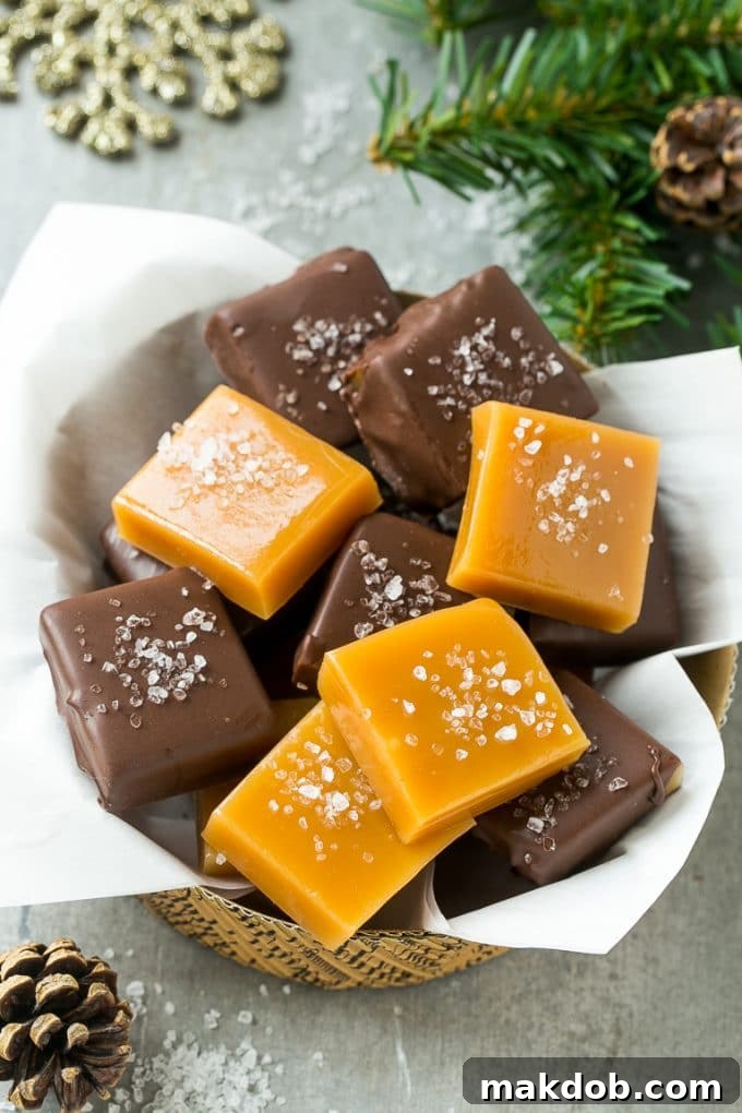 Gourmet microwave caramels dipped in rich chocolate and sprinkled with coarse sea salt, showcasing a perfect balance of sweet and savory.