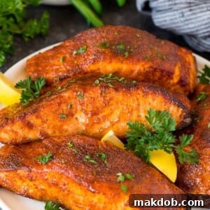 A plate of air fryer salmon fillets garnished with lemon and herbs.