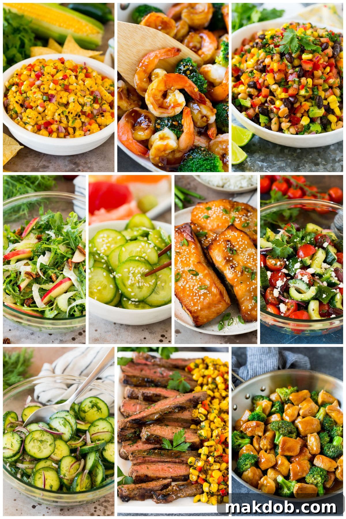 A group of lighter dishes like corn salsa, Mediterranean salad and cucumber dill salad.