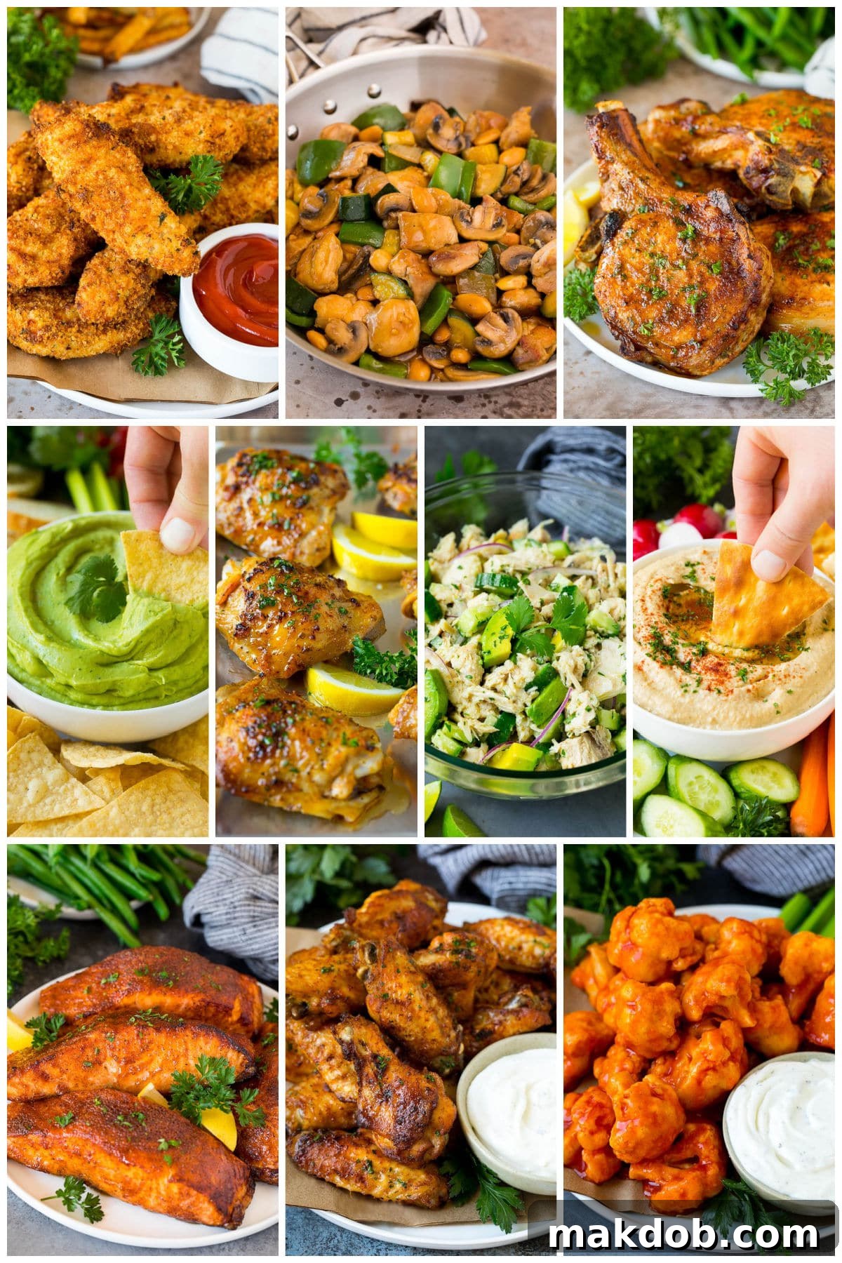 A collection of delicious healthy recipes like baba ganoush, avocado tuna salad and baked chicken thighs.
