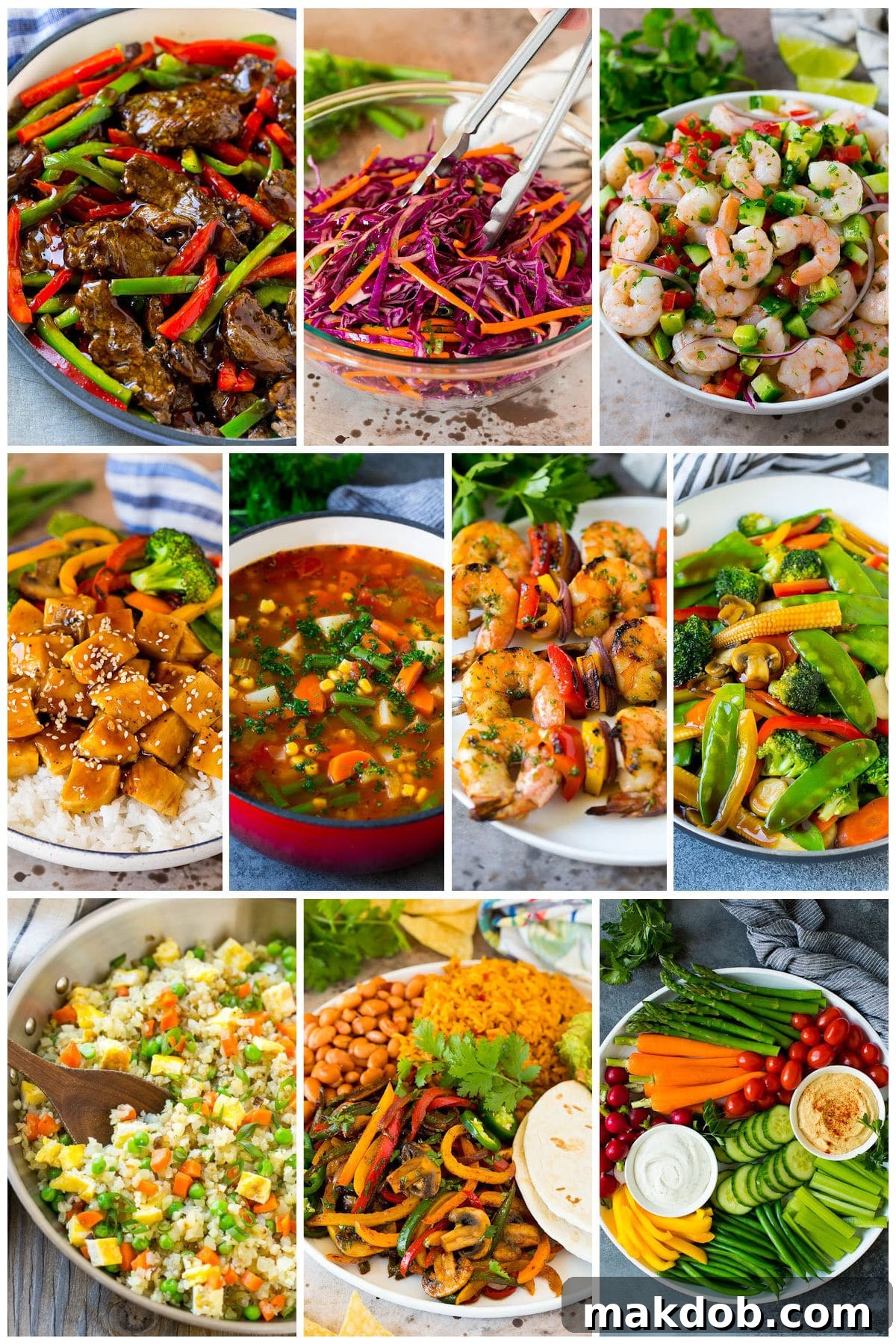 A collection of healthy recipes like vegetarian fajitas, red cabbage slaw and vegetable stir fry.