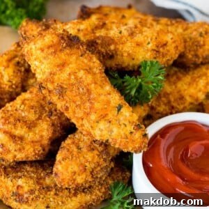 A plate of air fryer chicken tenders served with ketchup.
