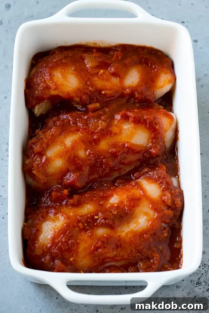 Salsa Chicken Recipe | Baked Chicken | Mexican Chicken #chicken #salsa #mexican #lowcarb #keto #glutenfree #dinner #dinneratthezoo Chicken breasts in a baking dish coated with salsa and taco seasoning.