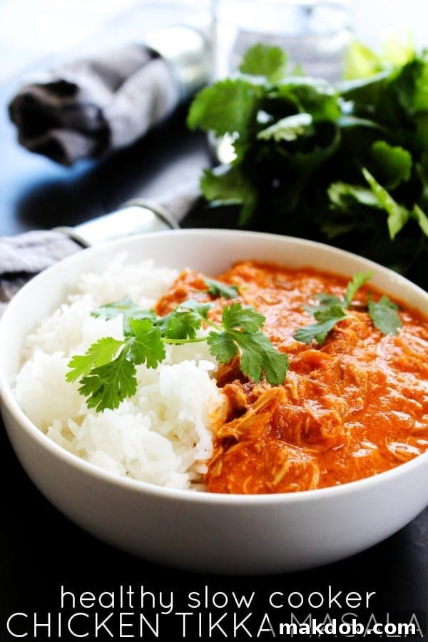 Healthy Slow Cooker Chicken Tikka Masala with Rice and Naan