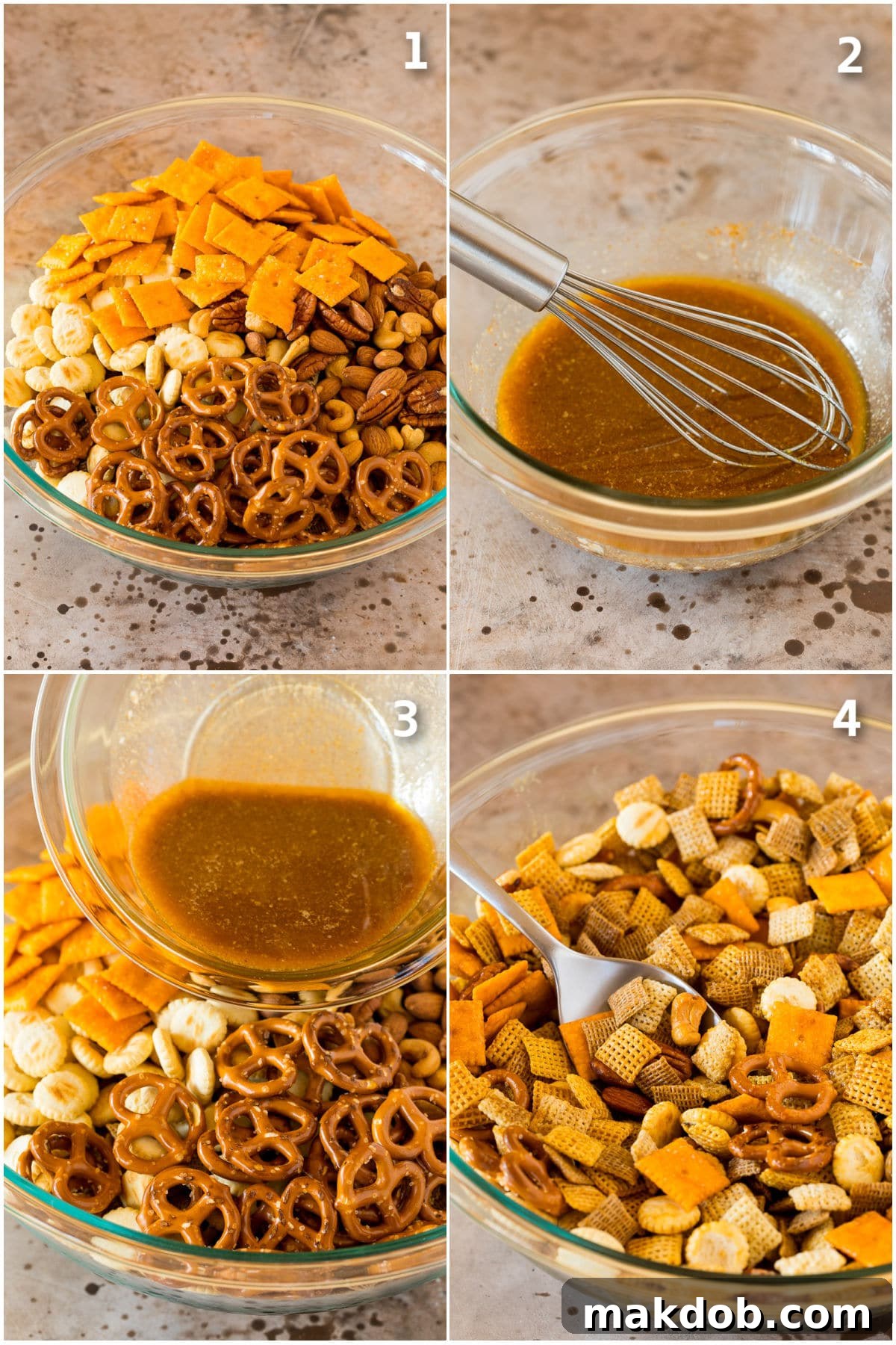 A step-by-step collage showing the process of making homemade Chex Mix: dry ingredients in a bowl, seasoning mixture in a small bowl, pouring seasoning over dry ingredients, and the mixture being tossed and cooked.
