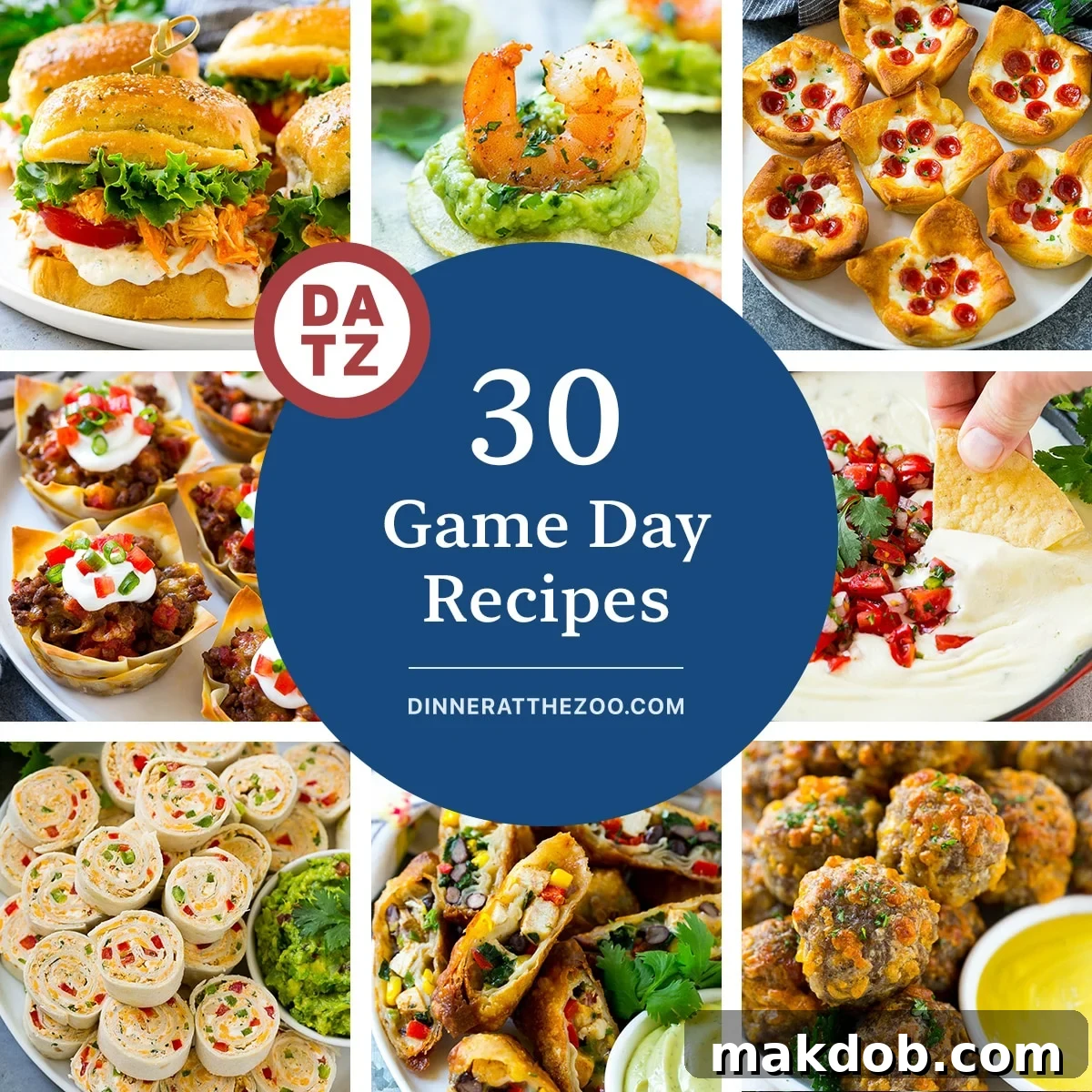 30 Winning Game Day Eats 2 A group of images of game day recipes like southwestern egg rolls, sausage cheese balls and white queso dip, showcasing a vibrant spread of appetizers.