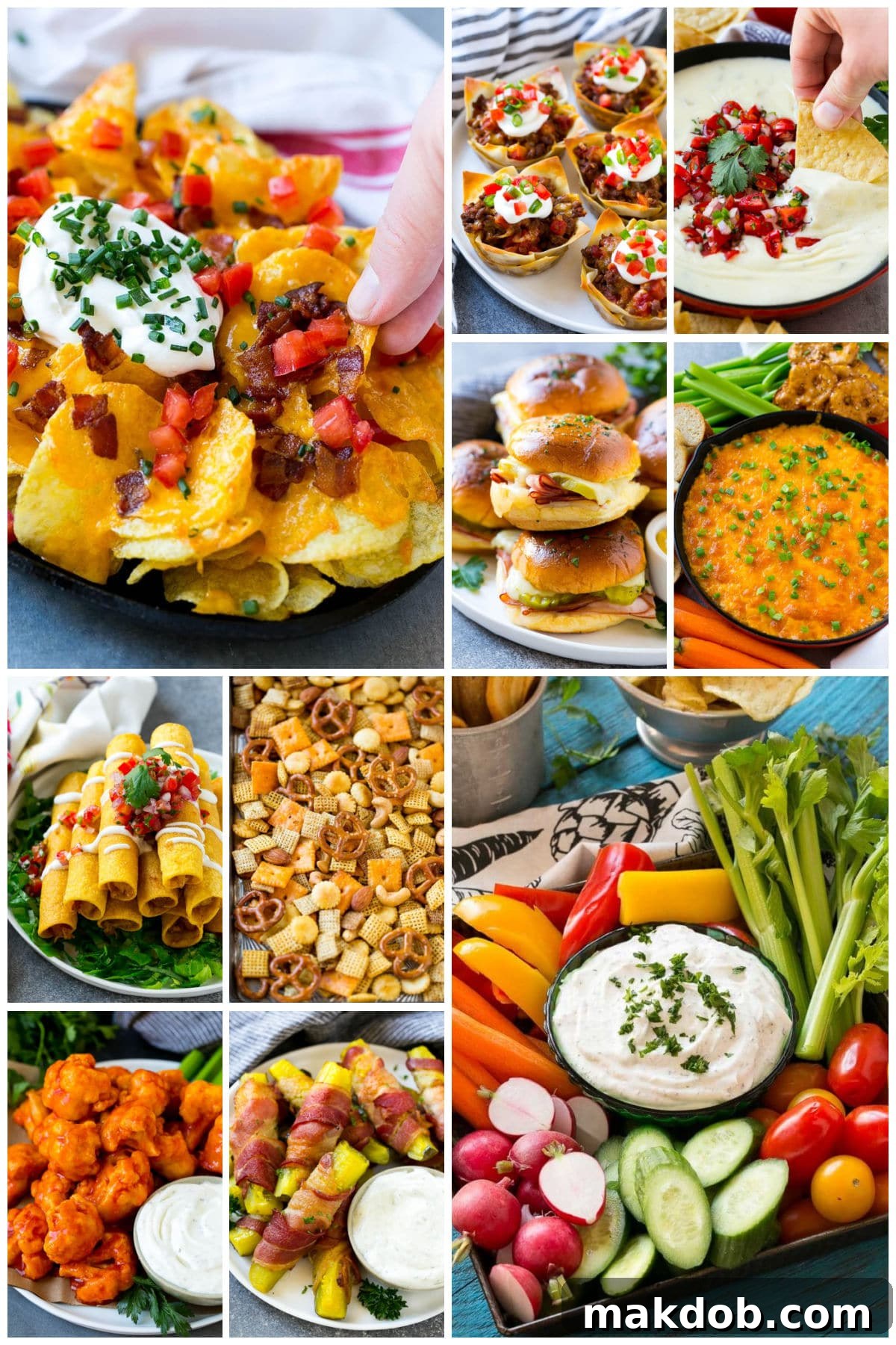 Several pictures in a collage of fantastic game day recipes like homemade Chex mix, taco cups and buffalo cauliflower.