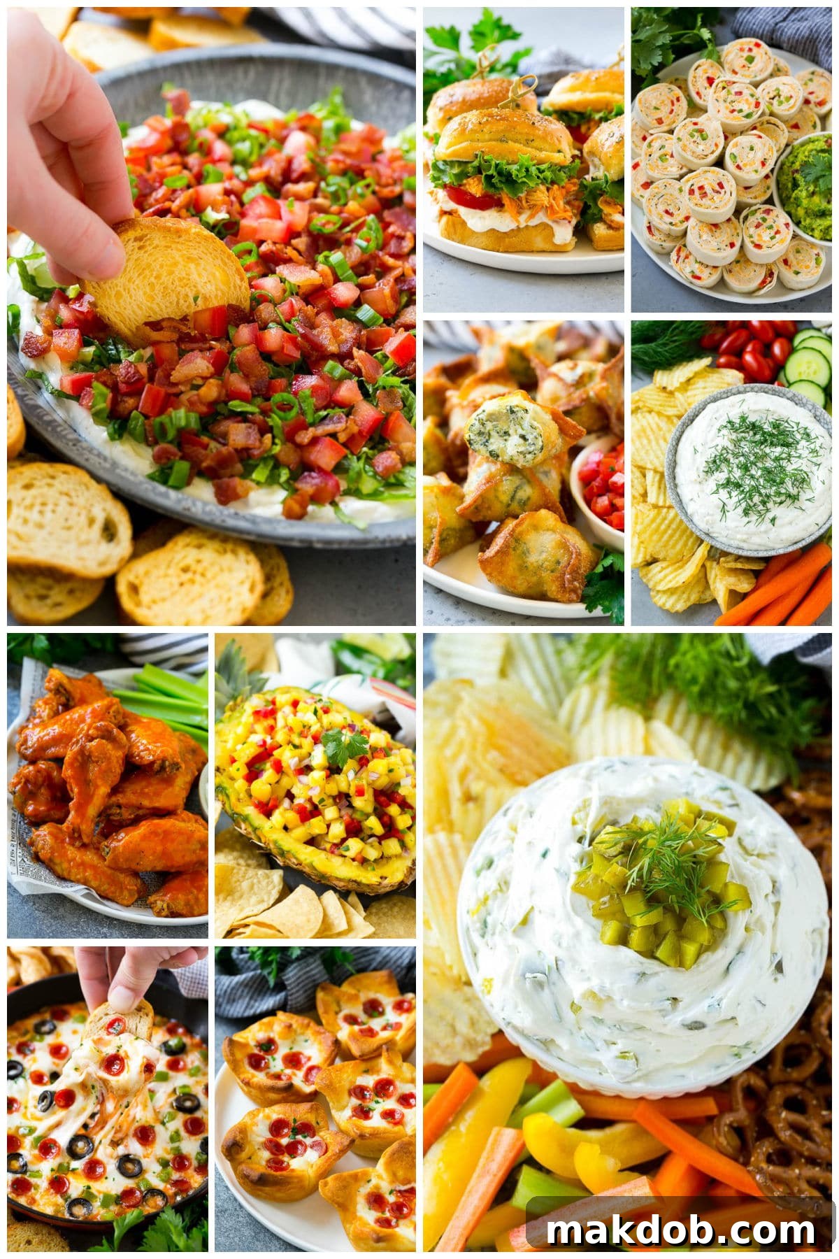 A group of images of fantastic game day recipes like dill pickle dip, pineapple salsa and baked buffalo wings.