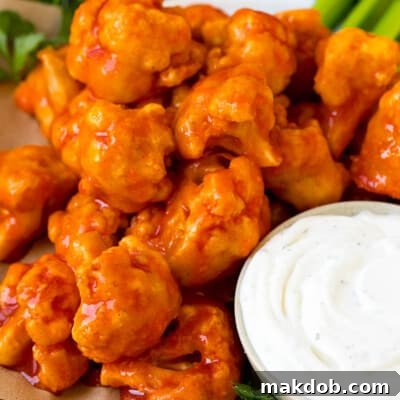 Buffalo cauliflower bites served with ranch and celery.
