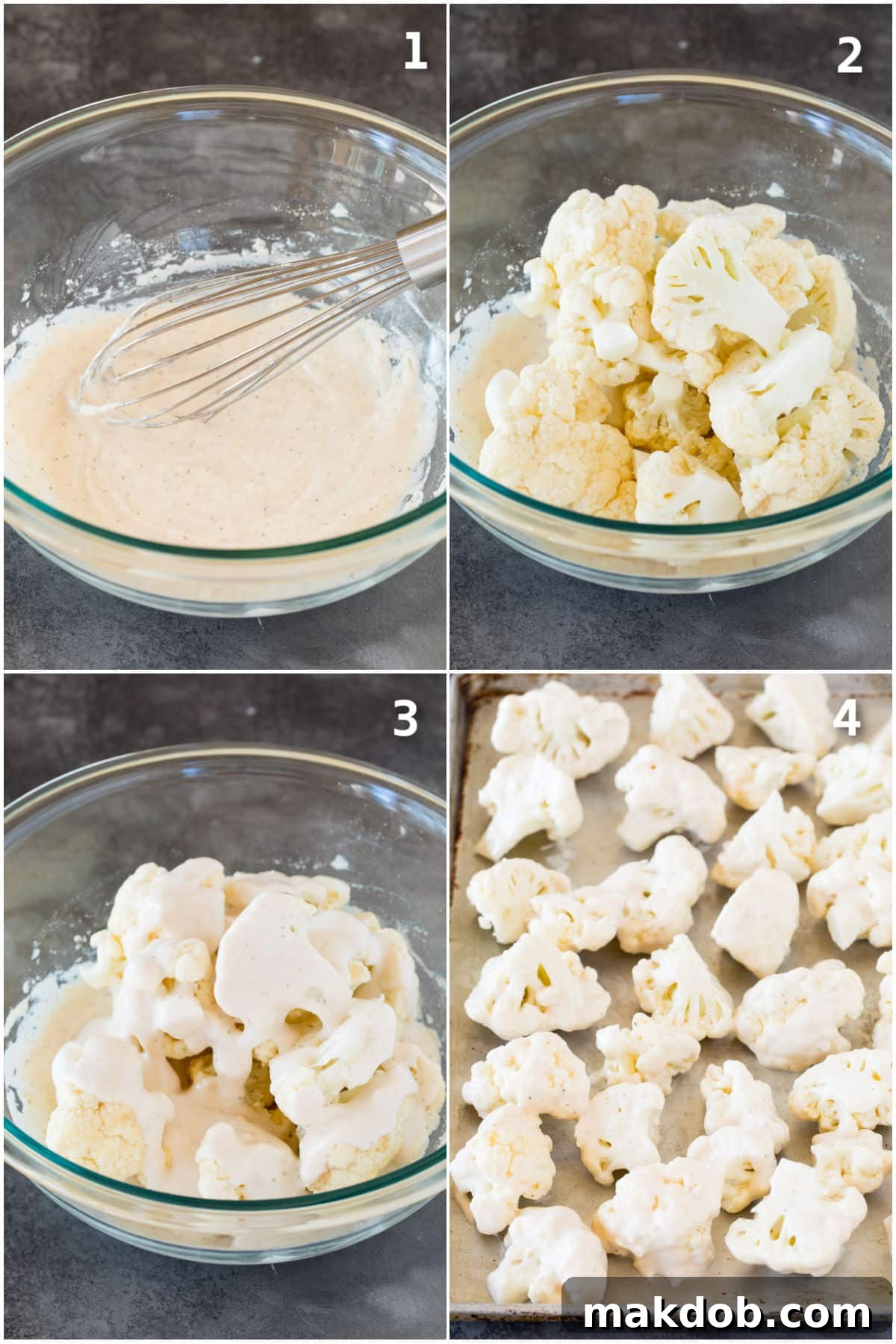 Process shots showing how to coat cauliflower in a flour batter, spread on a baking sheet, and then toss in buffalo sauce.