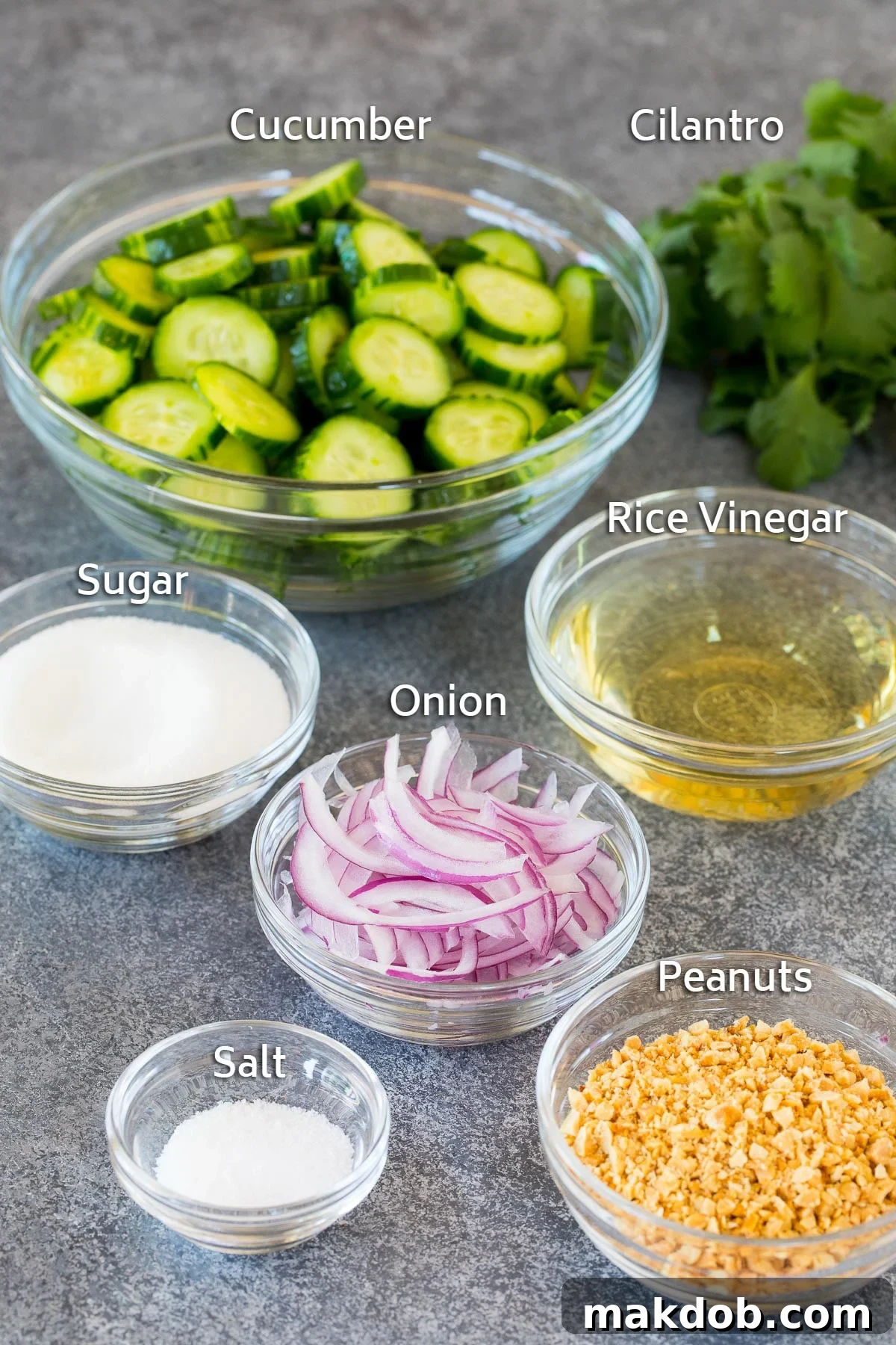 Bowls of thinly sliced cucumber, vibrant red onion, measuring spoons of salt and sugar, and a bowl of crunchy peanuts, ready for assembling the Thai cucumber salad.
