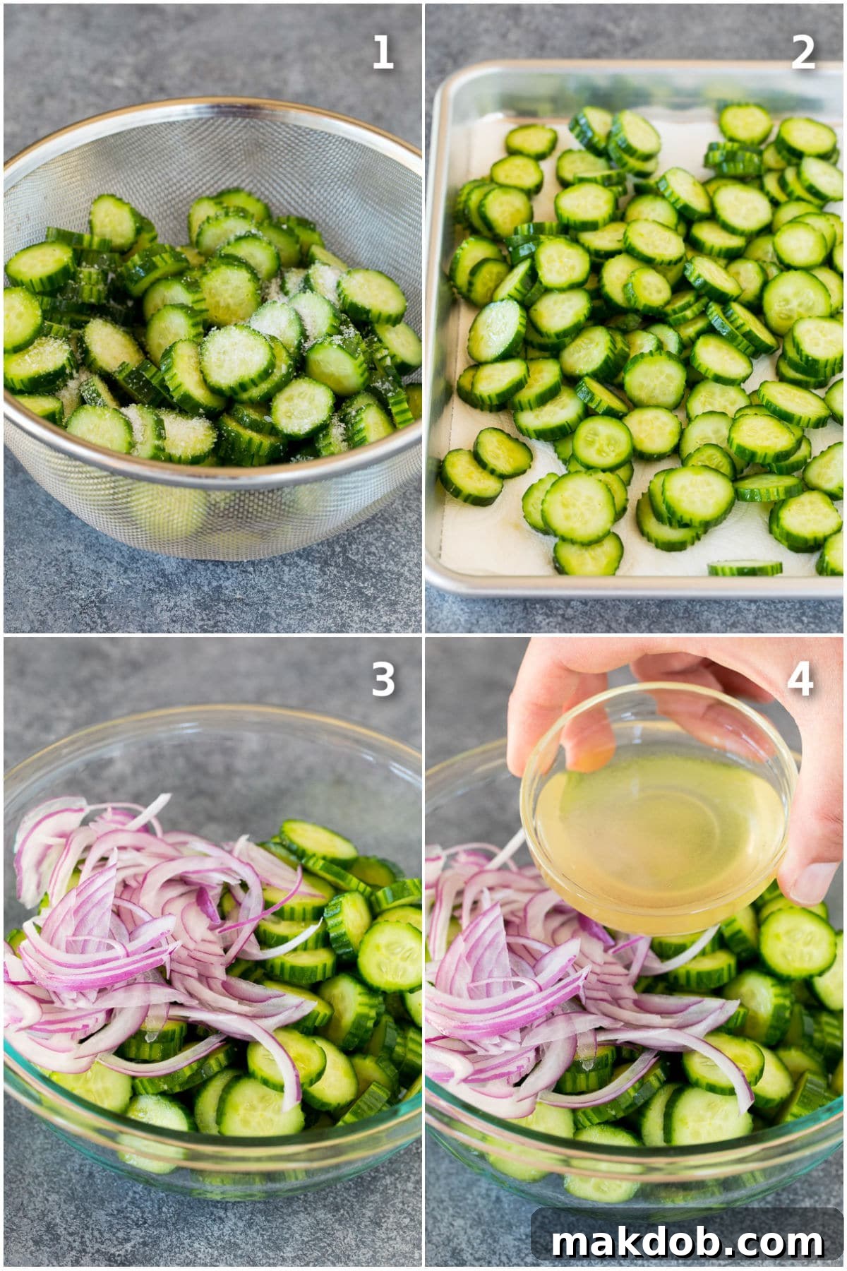 A visual guide showing the steps to make Thai cucumber salad, from salting cucumbers to mixing with dressing and garnishing with cilantro.