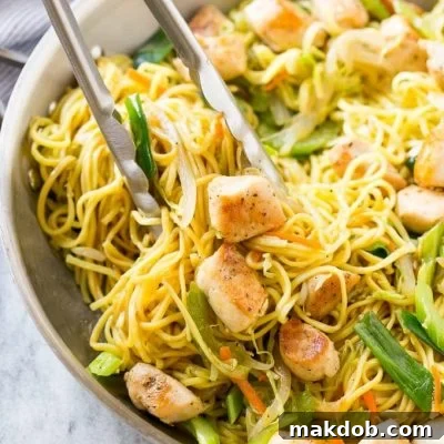 This easy chicken chow mein recipe is full of seasoned chicken, veggies and noodles, all tossed together in a savory sauce. It's so much better than take out!