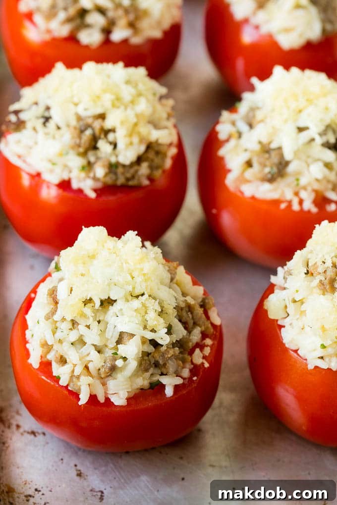 Tomatoes generously stuffed with a savory sausage and rice mixture, topped with buttered panko breadcrumbs and ready for baking.