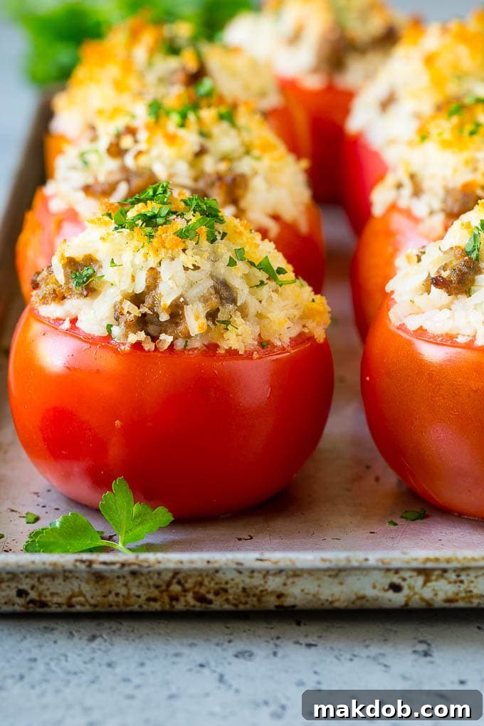 Close-up of baked stuffed tomatoes, filled with rice, savory Italian sausage, and melted cheese, garnished with fresh herbs.